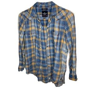 American Eagle Blue and Orange Plaid Flannel Boyfriend Fit